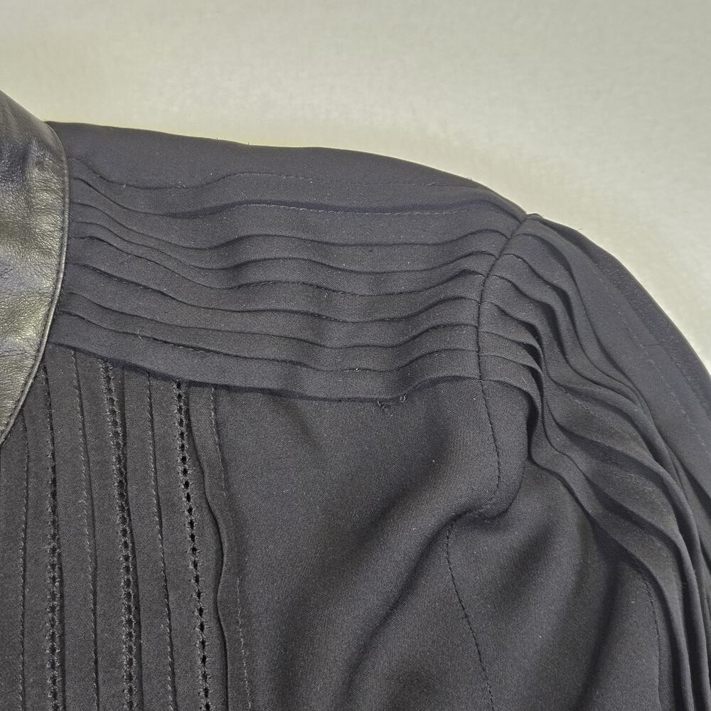 Haute Hippie 100% Silk Blouse S Leather Trim Tuxedo Pintuck Black Sheer Luxury - Picture 9 of 16